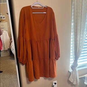 Casual V-neck Dress in Burnt Orange with Lantern Sleeves 2XL